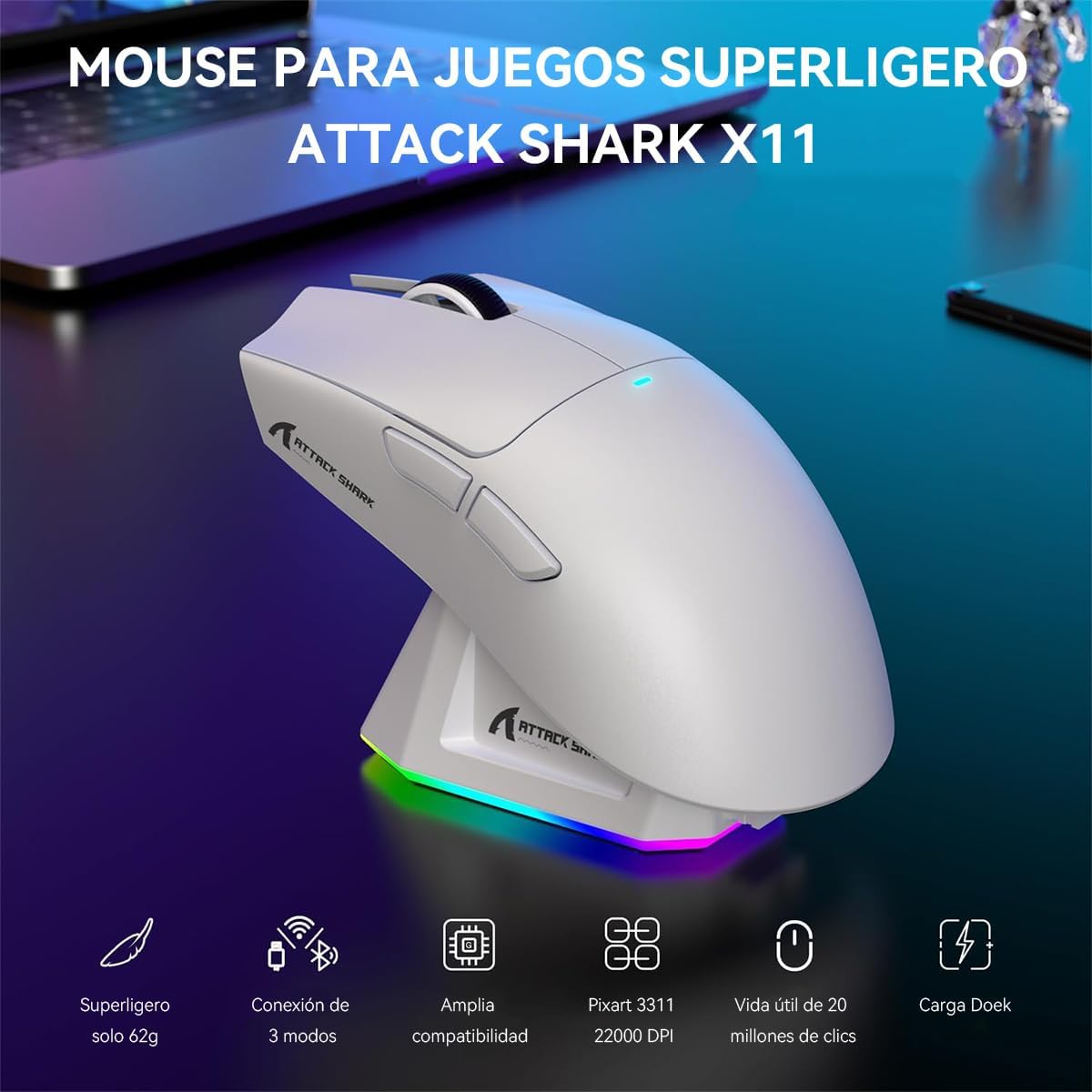 Mouse Gamer Inalámbrico Attack Shark X11 con Base de Carga
