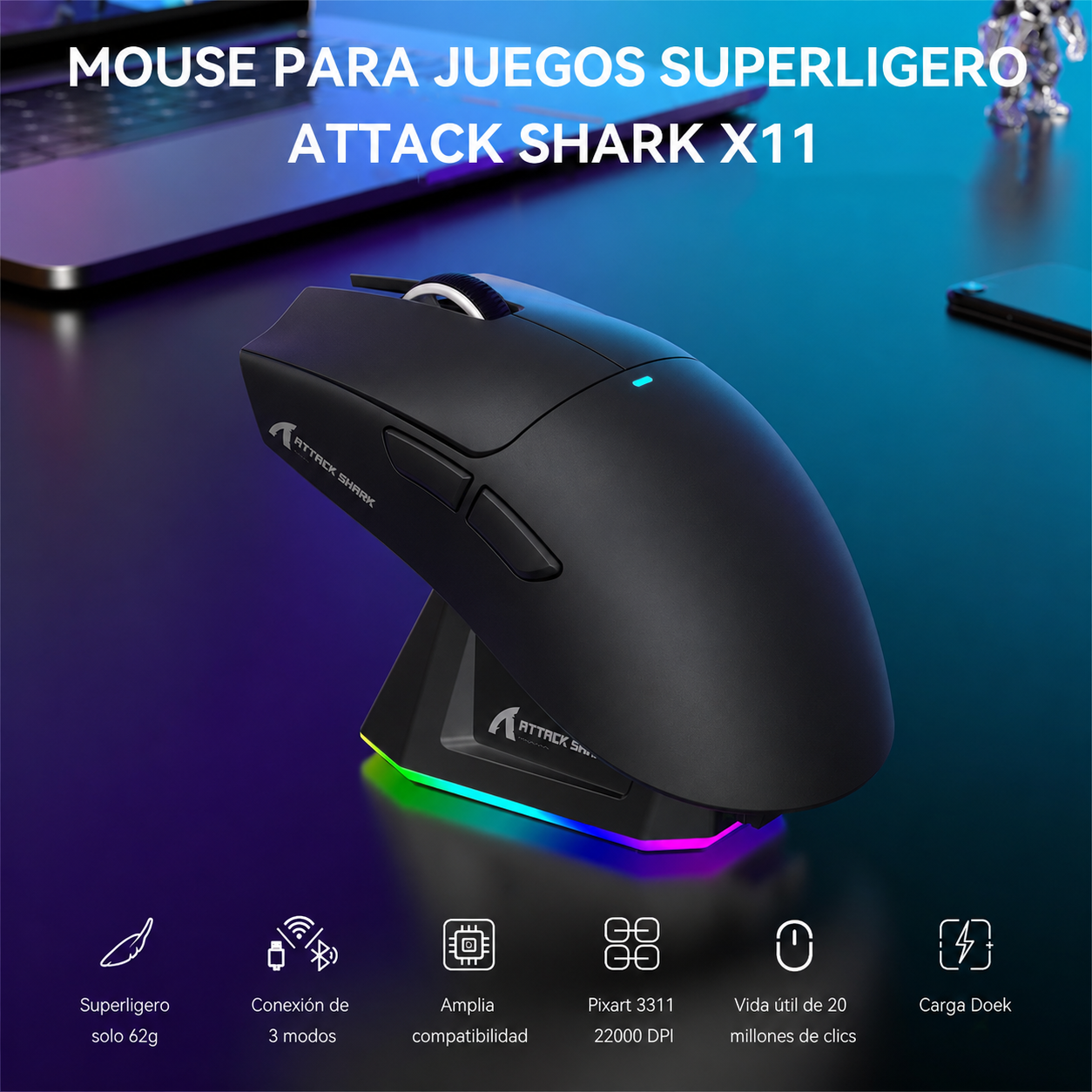 Mouse Gamer Inalámbrico Attack Shark X11 con Base de Carga