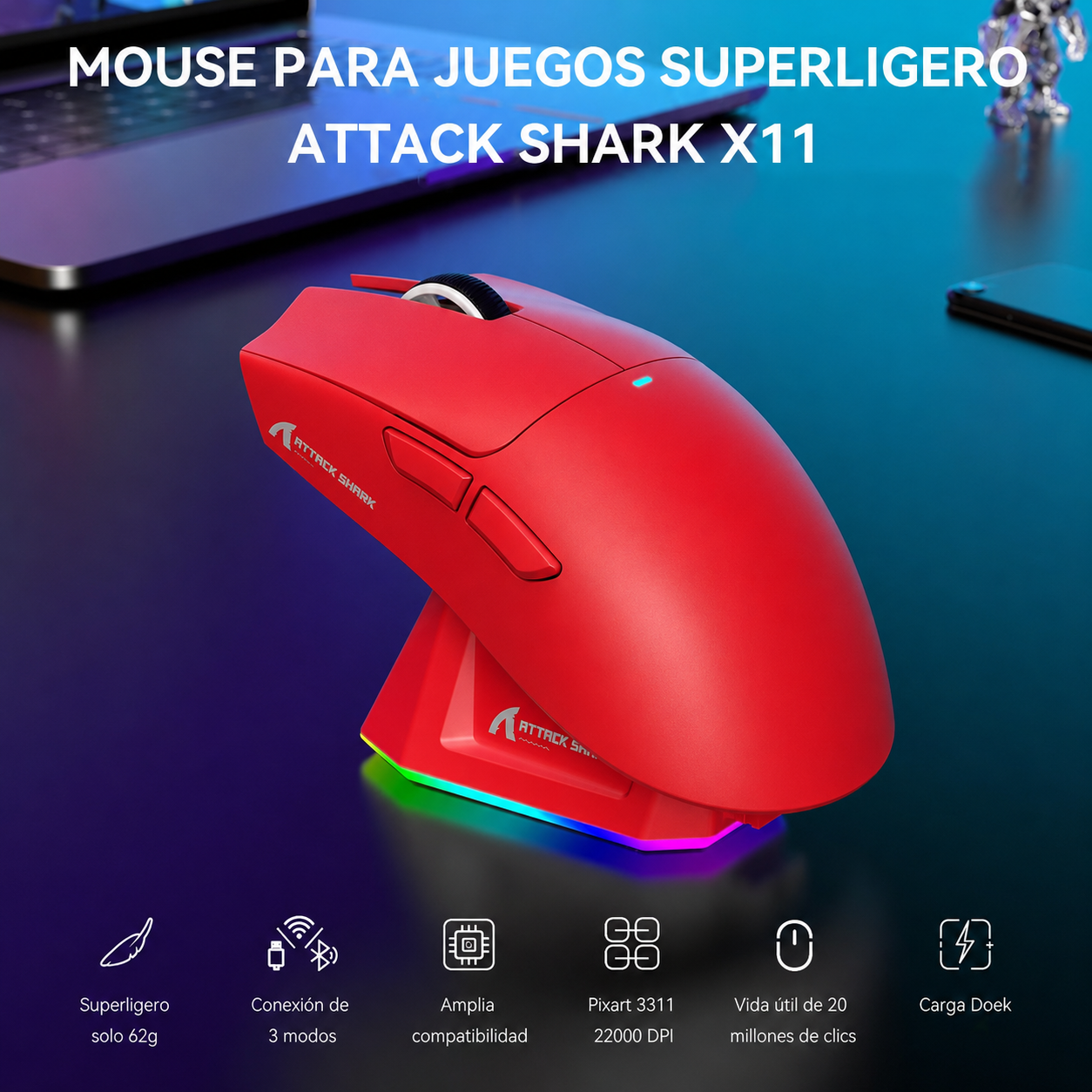 Mouse Gamer Inalámbrico Attack Shark X11 con Base de Carga